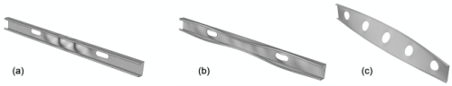 Cold-formed steel structural stud buckling modes including the influence of holes: (a) local buckling, (b) distortional buckling, (c) flexural-torsional buckling